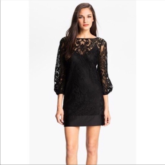 Laundry by Shelli Segal Blouson black lace overlay long sleeve dress size 2 - Picture 1 of 11